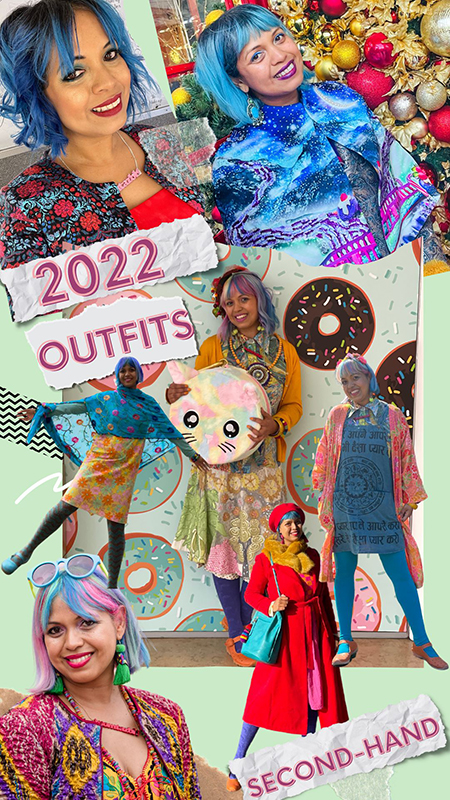 Collage of outfits including a red coat, blue dungaree dress, dress and shawl and jacket