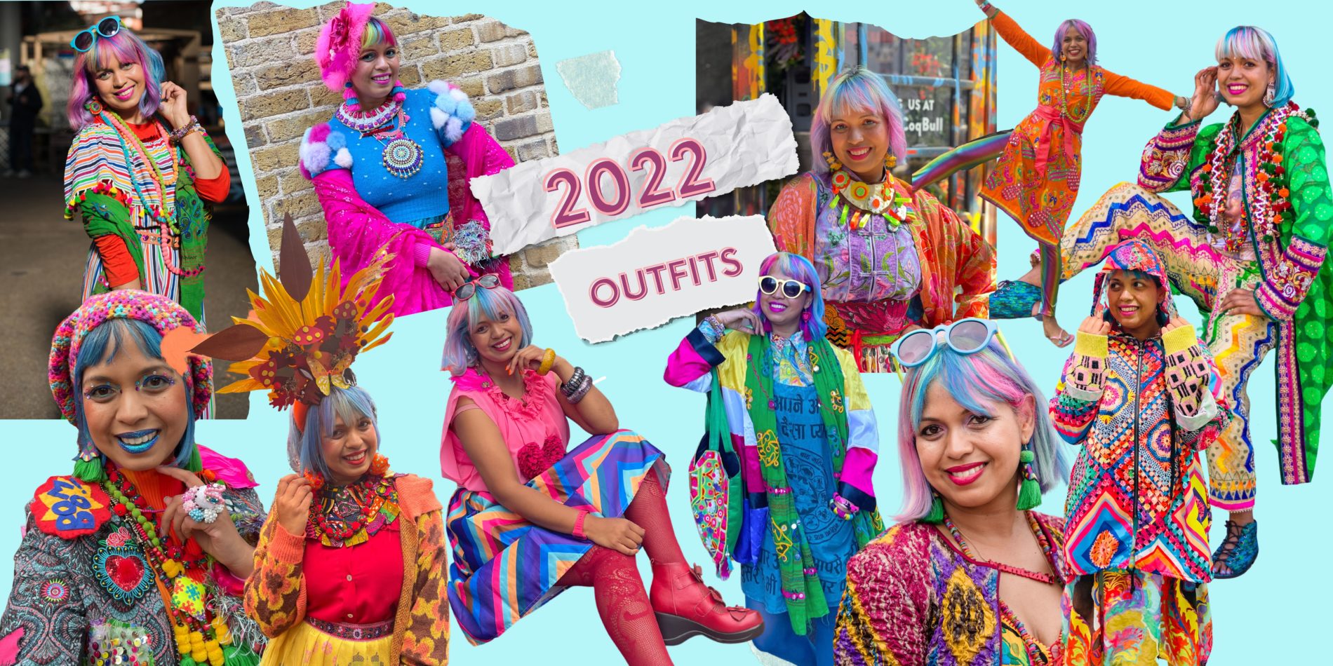 A collage of colourful outfits worn by Momtaz