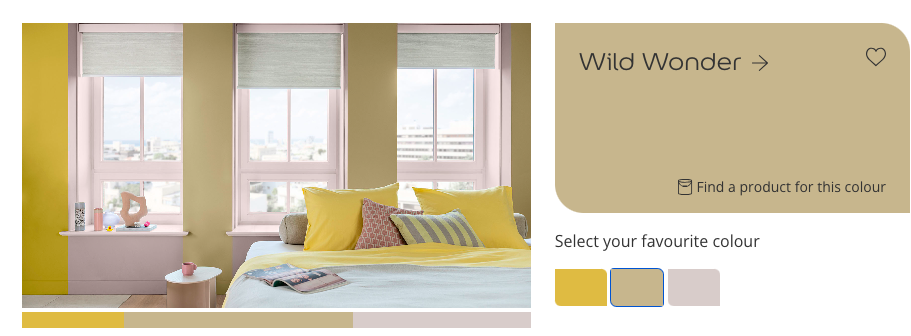 photo of a bedroom painted in three colours one is sweet embrace and one is wild wonder and there's a mustard yellow