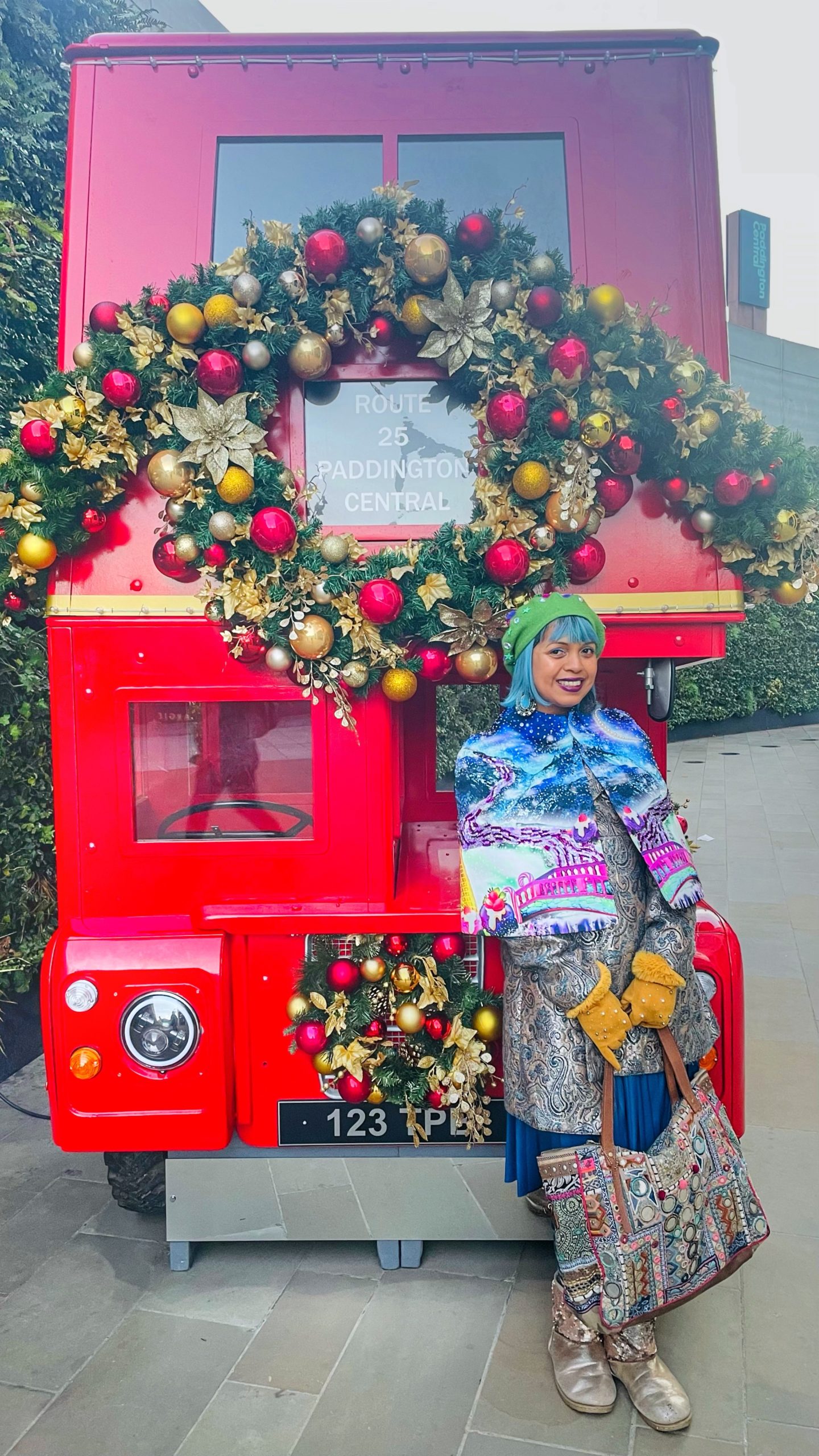 chistmas bus in paddinngton decorated with baubles