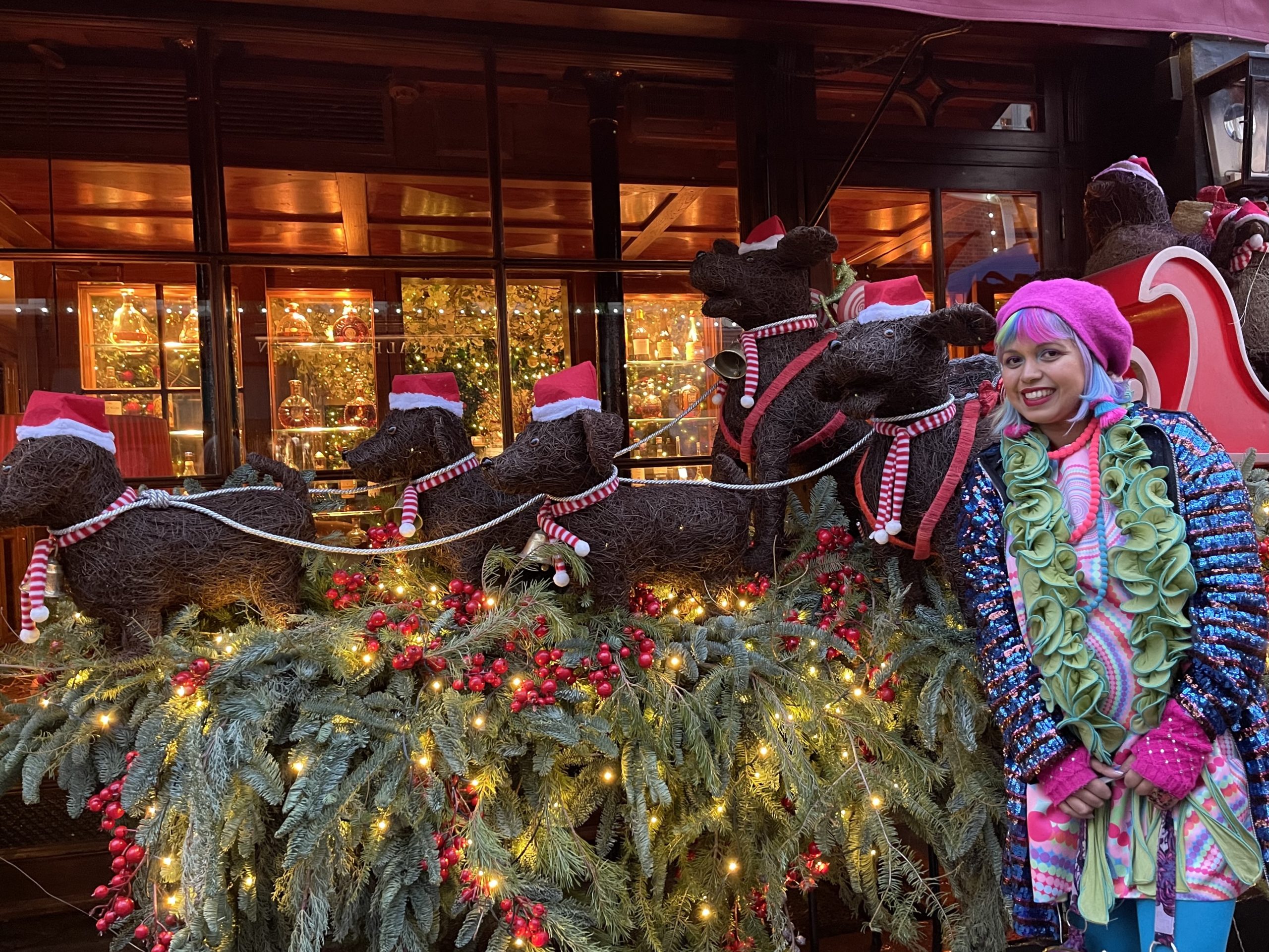 sleigh in front of a shop led by cute dogs in christmas hats