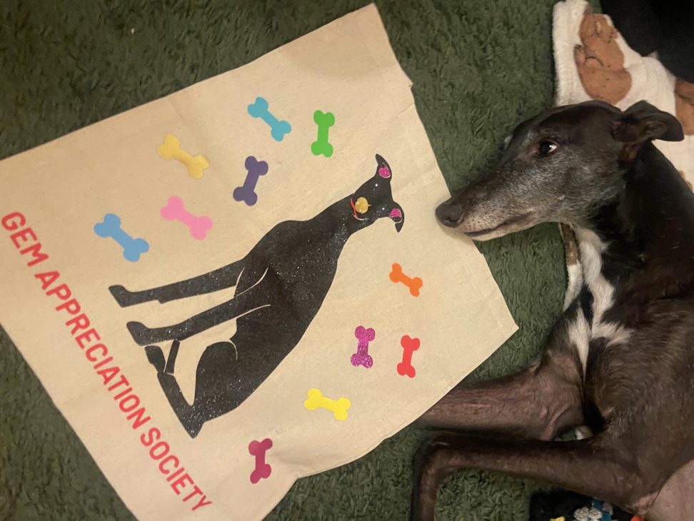 greyhound dog laying on floor with a tote bag with an image of her on it