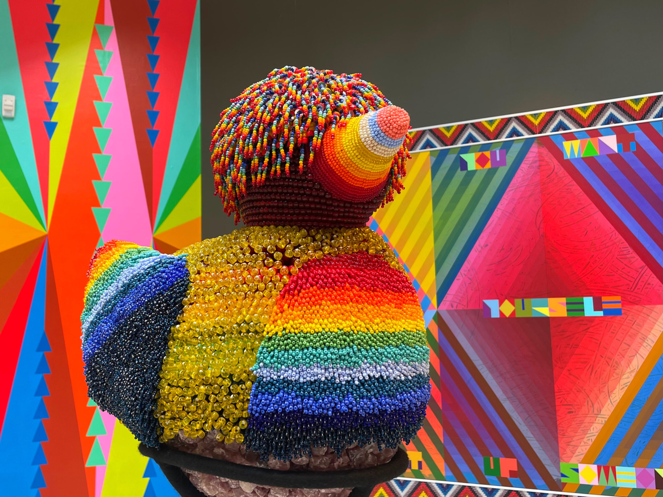 giant rainbow duck made from beads