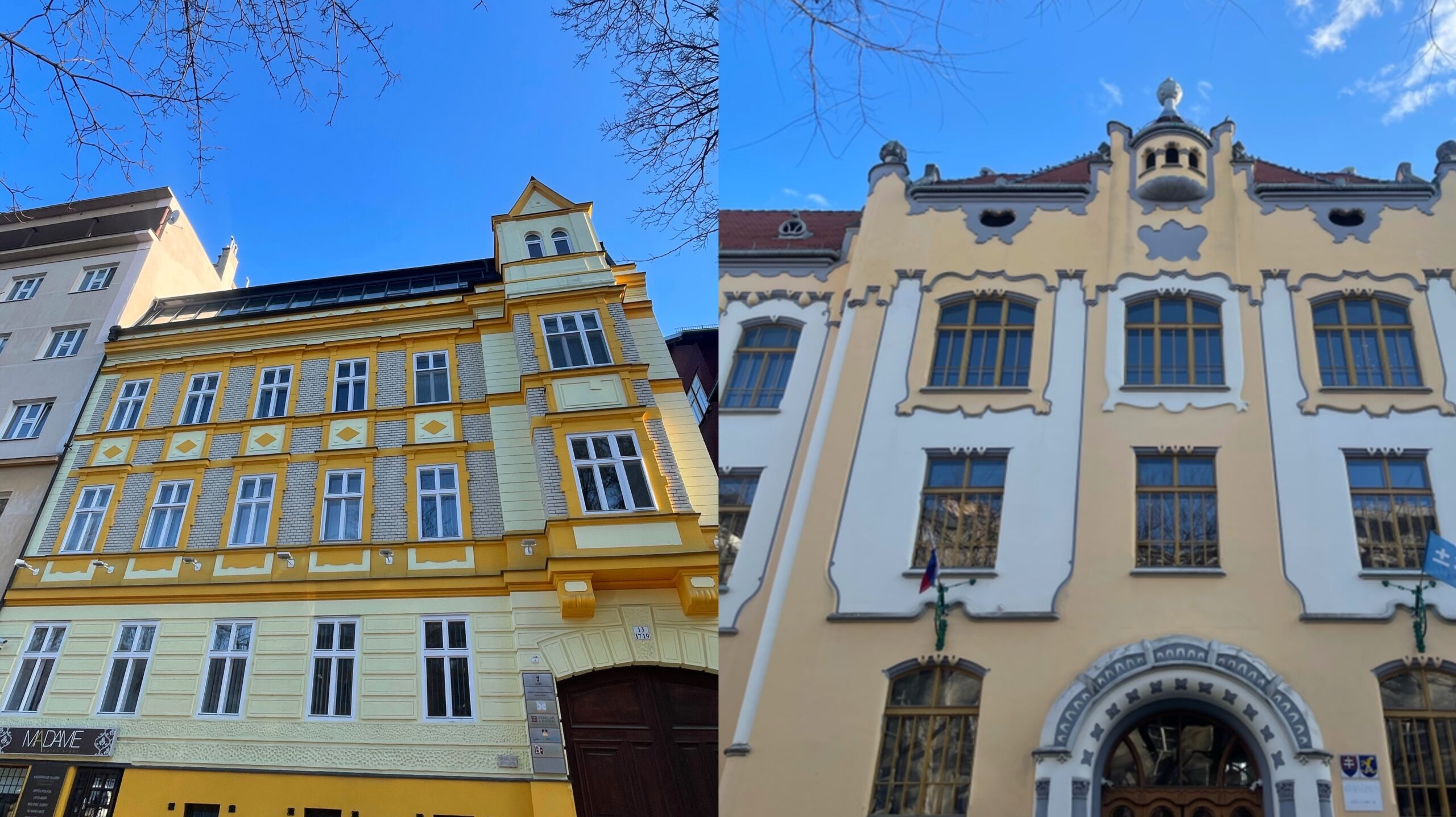 two yellow buildings