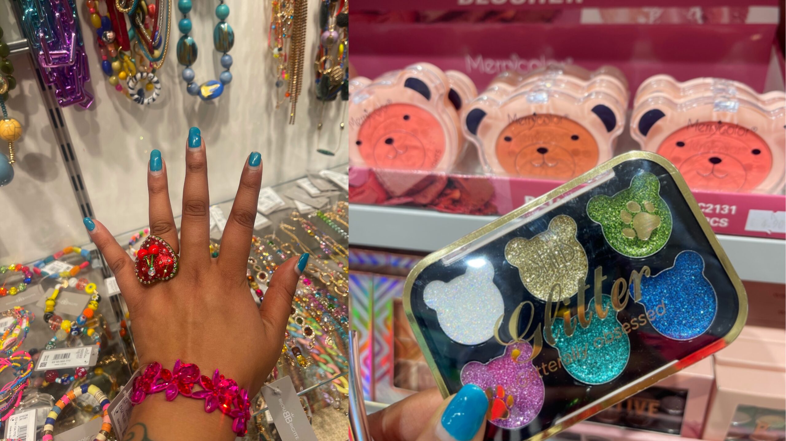 hand showing a pink bracelet and some cute bear shapes glitter ad blushers