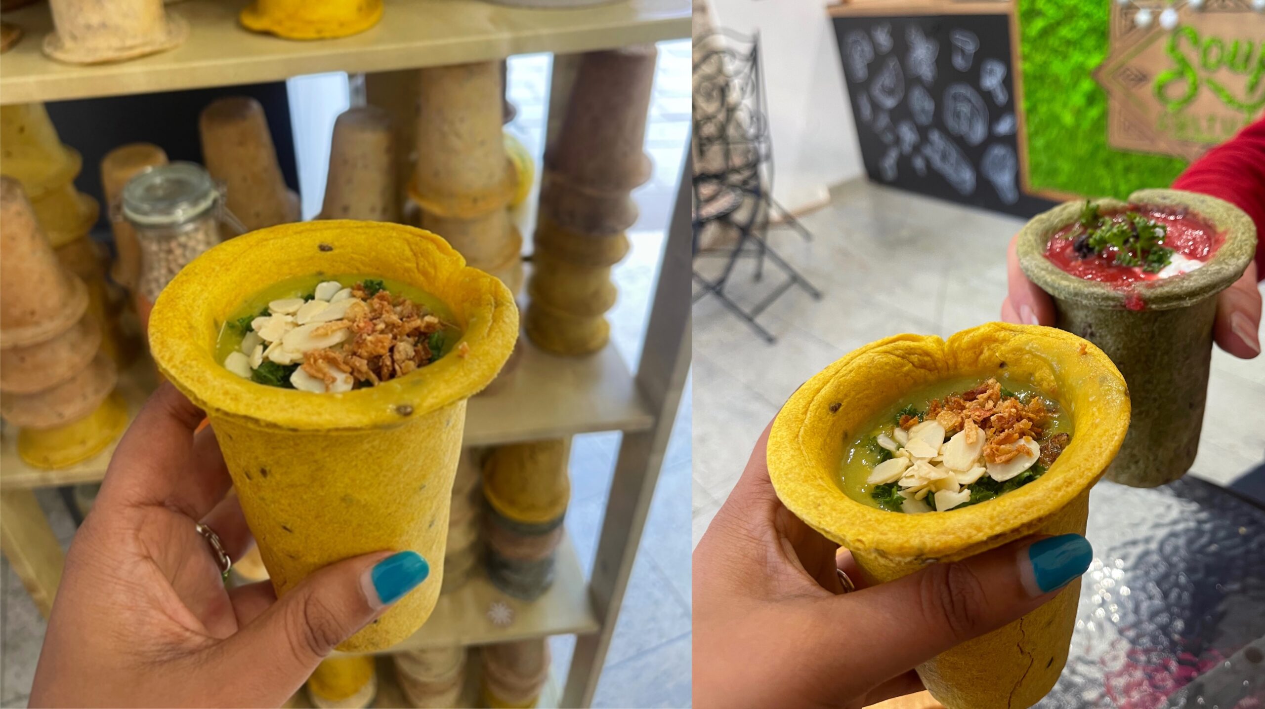 Hand holding soup inside an edible bread cup
